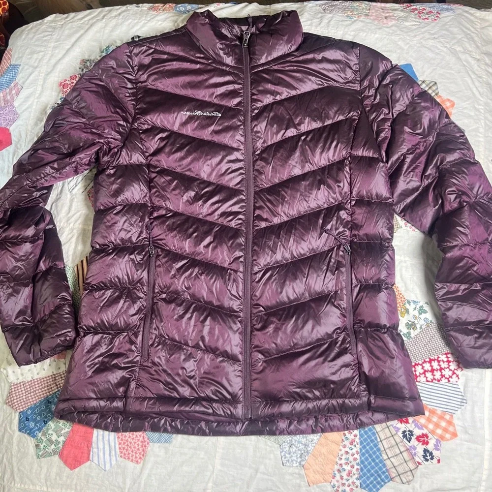 Eddie Bauer Womens Purple Chevron Down‎ Puffer Jacket Metallic Full Zip Size M